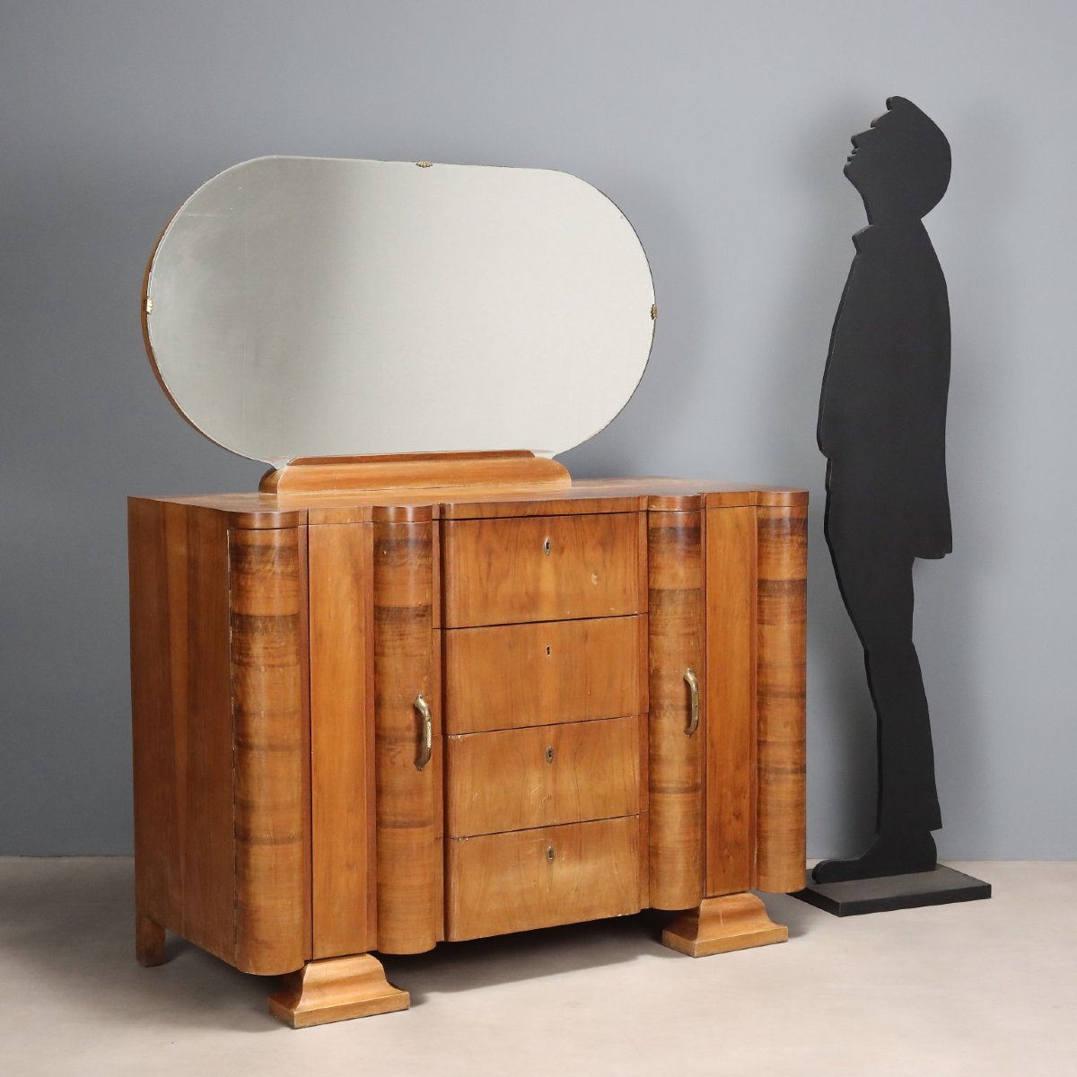 Comò Art Déco con Specchio Impiallacciato Noce Design Anni 20-30 Originale-photo-2