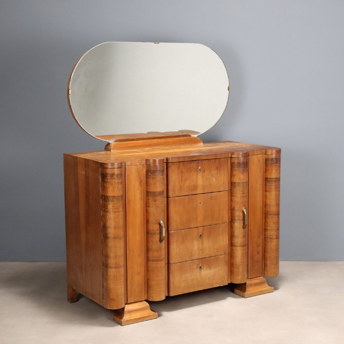 Comò Art Déco con Specchio Impiallacciato Noce Design Anni 20-30 Originale