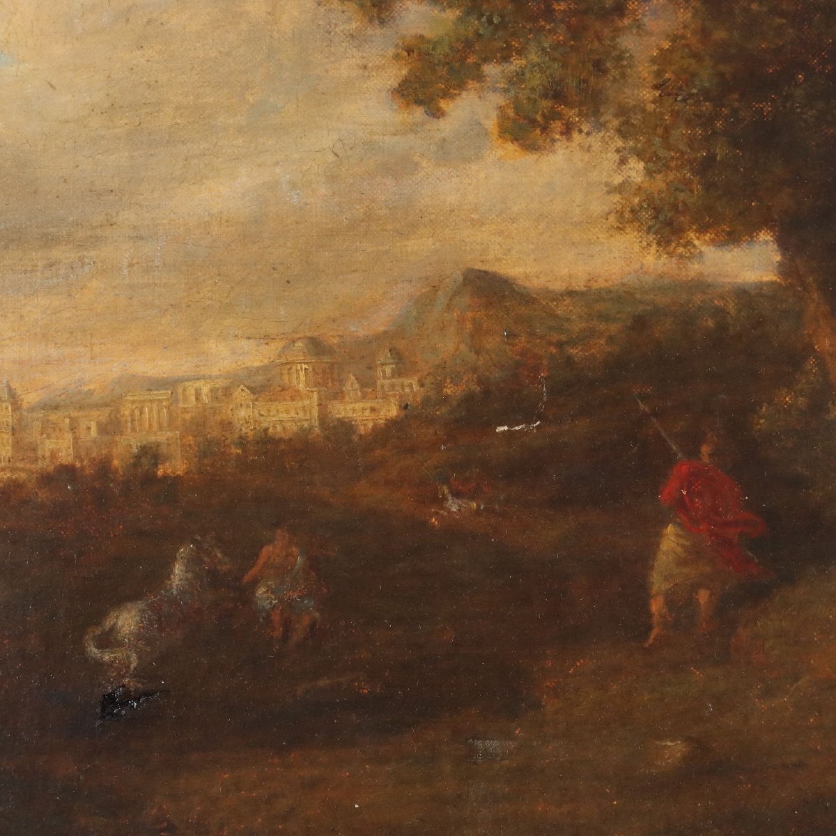 Dipinto Antico Paesaggio con Figure Olio su Tela Francia XVIII Secolo-photo-3