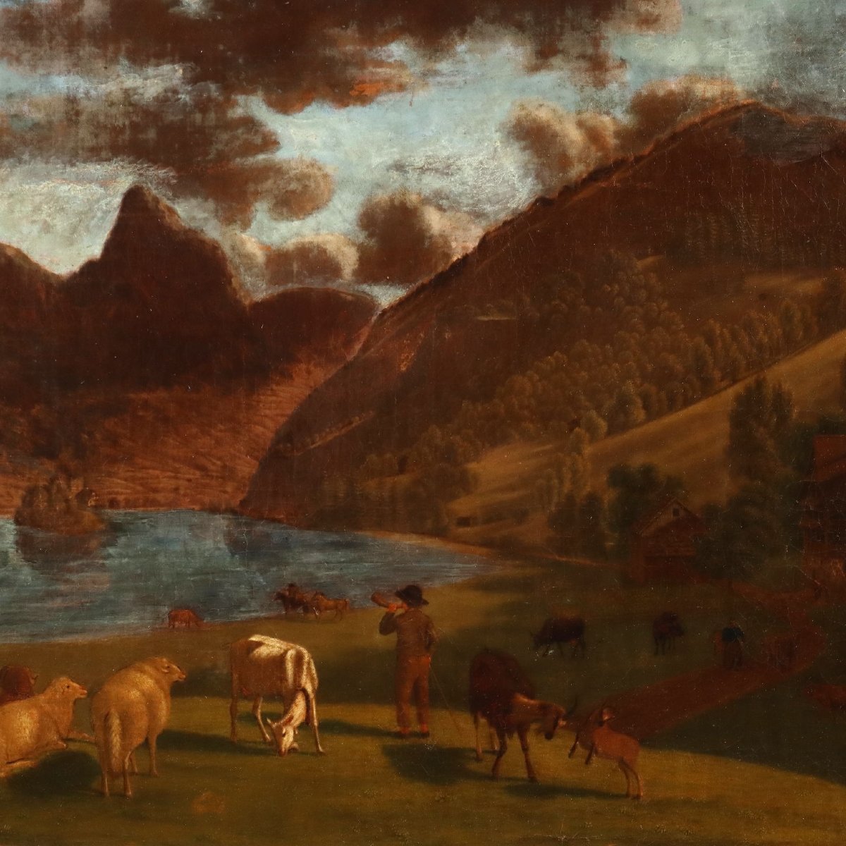 Emanuel Rudolf Biedermann Dipinto Antico Paesaggio Montano con Gregge Fine 800-photo-1