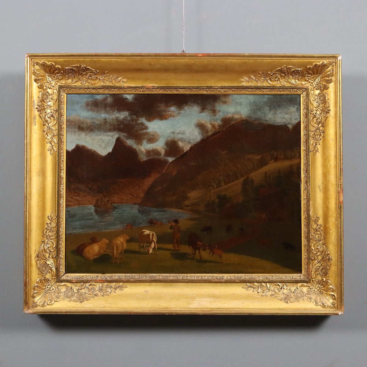 Emanuel Rudolf Biedermann Dipinto Antico Paesaggio Montano con Gregge Fine 800