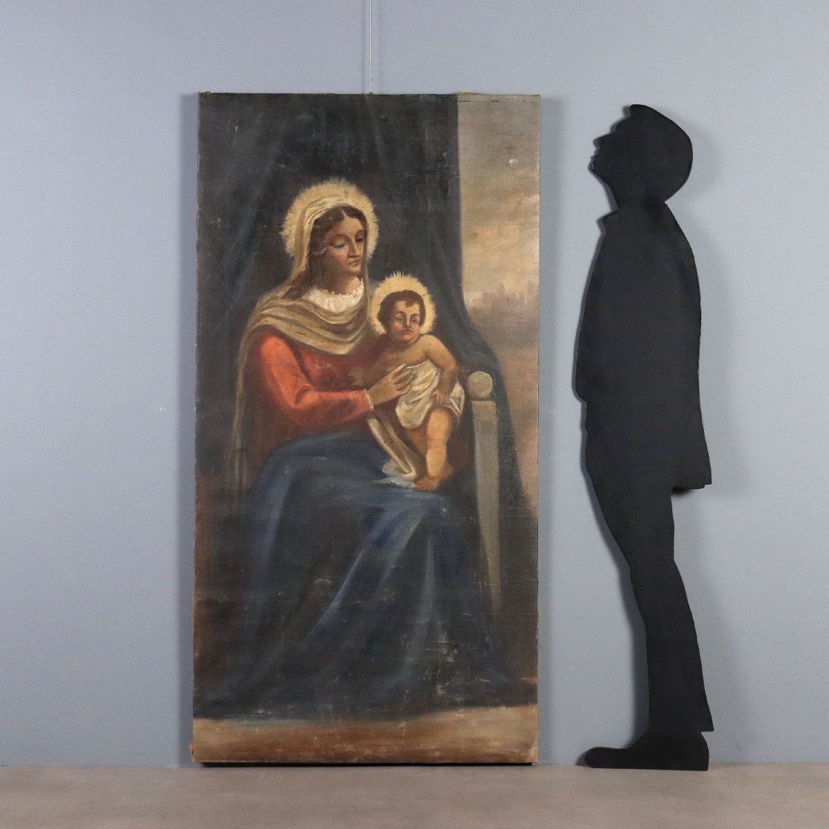Dipinto Antico Madonna con Bambino Olio su Tela XIX Secolo Originale-photo-2