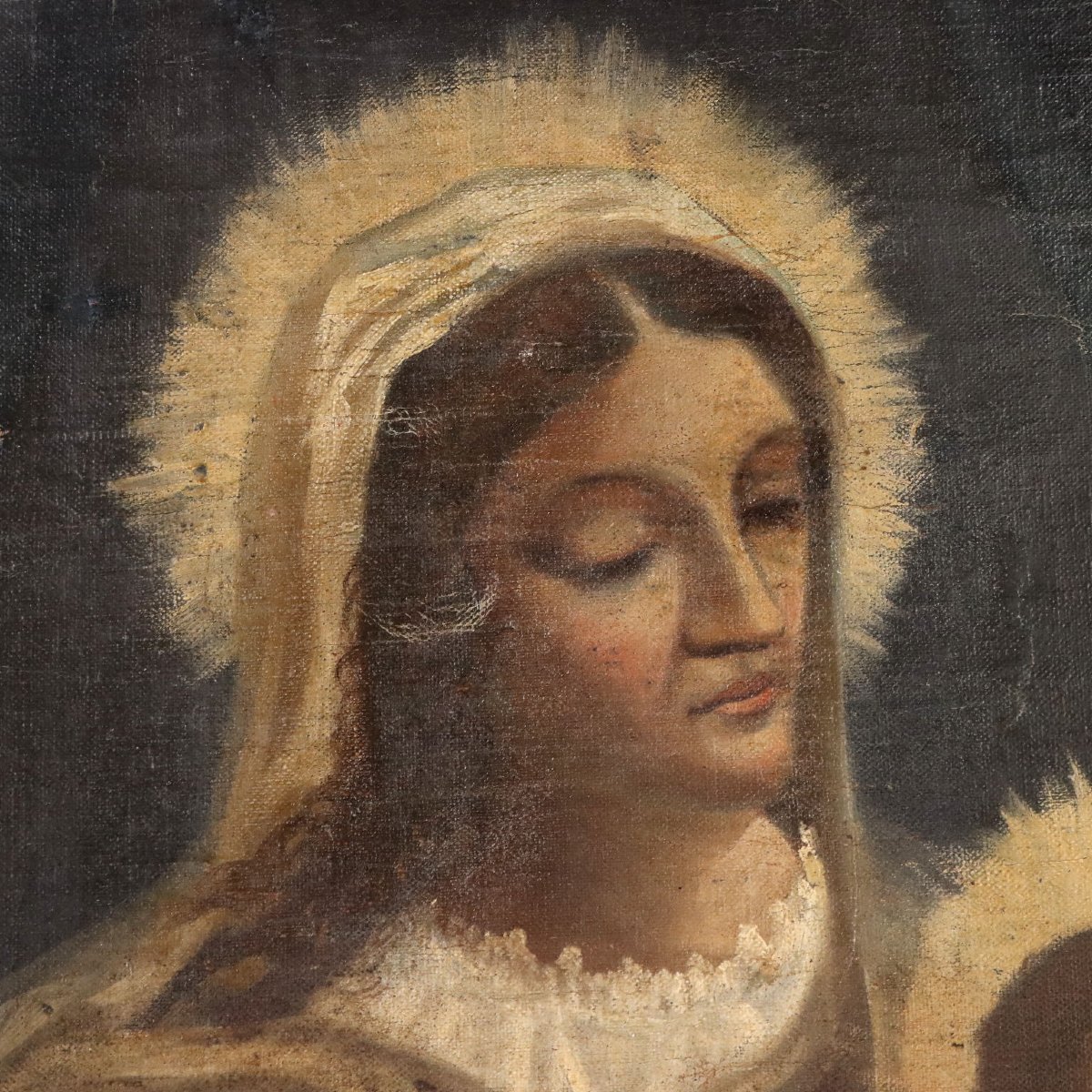 Dipinto Antico Madonna con Bambino Olio su Tela XIX Secolo Originale-photo-4
