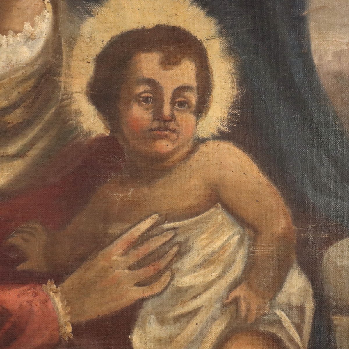 Dipinto Antico Madonna con Bambino Olio su Tela XIX Secolo Originale-photo-2