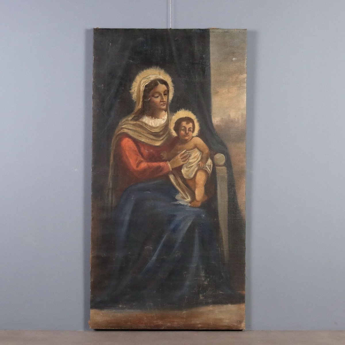 Dipinto Antico Madonna con Bambino Olio su Tela XIX Secolo Originale