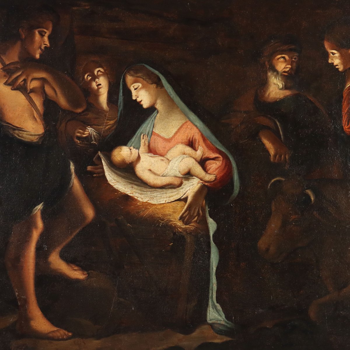 Dipinto Antico Natività Olio su Tela Italia Inizio XVIII Secolo Originale-photo-3
