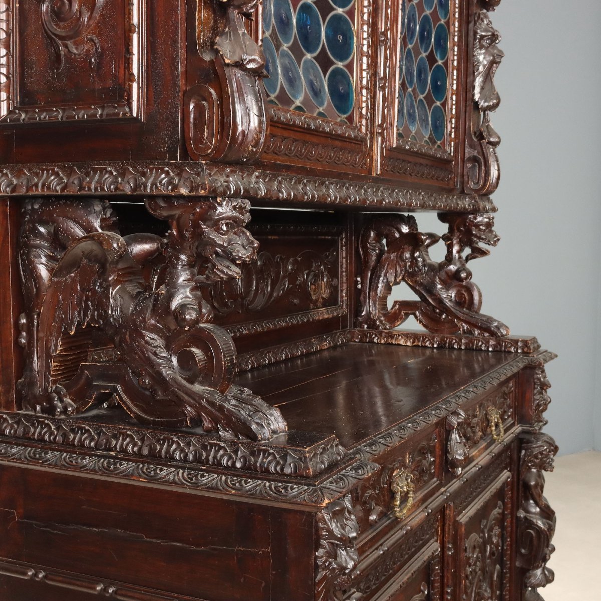 Credenza Neo Barocca in Noce Intagliata Italia Fine XIX Secolo-photo-3