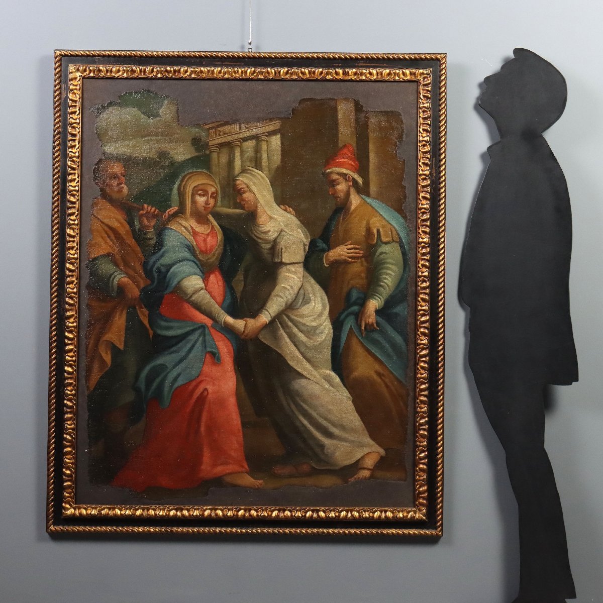 Dipinto Antico La Visitazione Olio su Tela Italia XVII-XVIII Secolo-photo-2