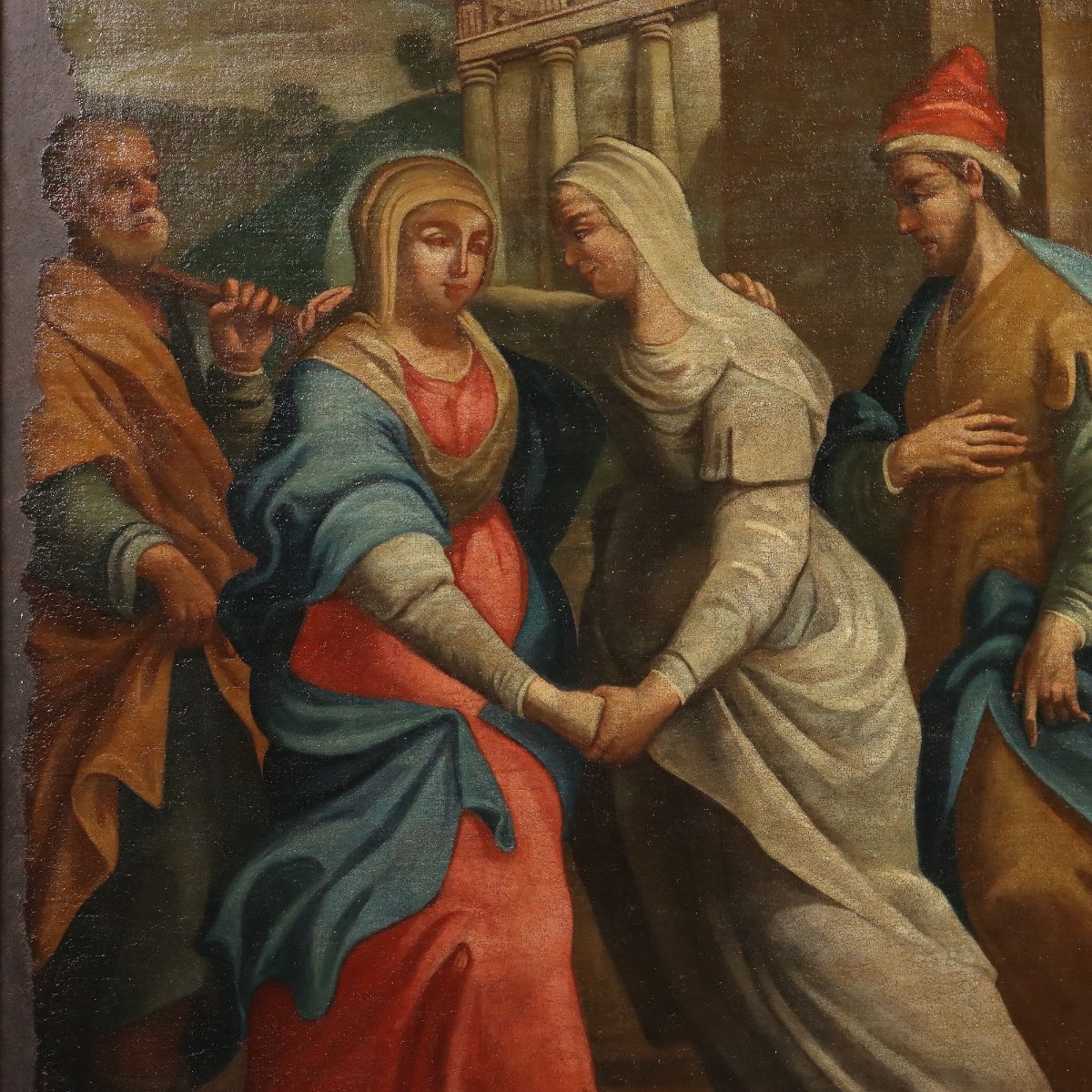 Dipinto Antico La Visitazione Olio su Tela Italia XVII-XVIII Secolo-photo-3