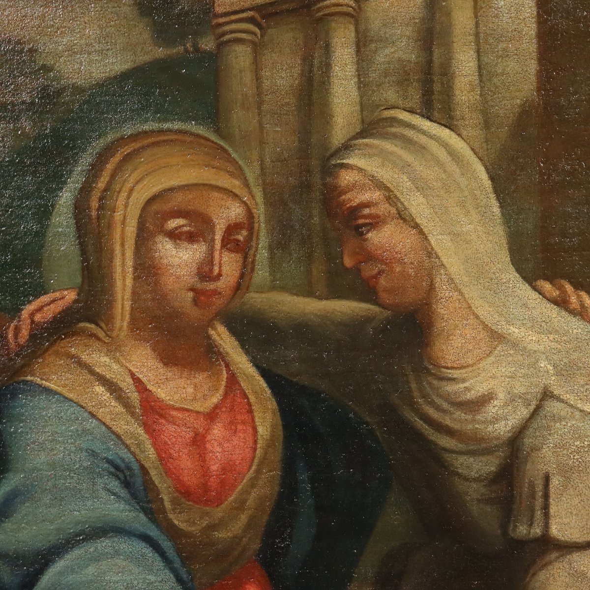 Dipinto Antico La Visitazione Olio su Tela Italia XVII-XVIII Secolo-photo-4