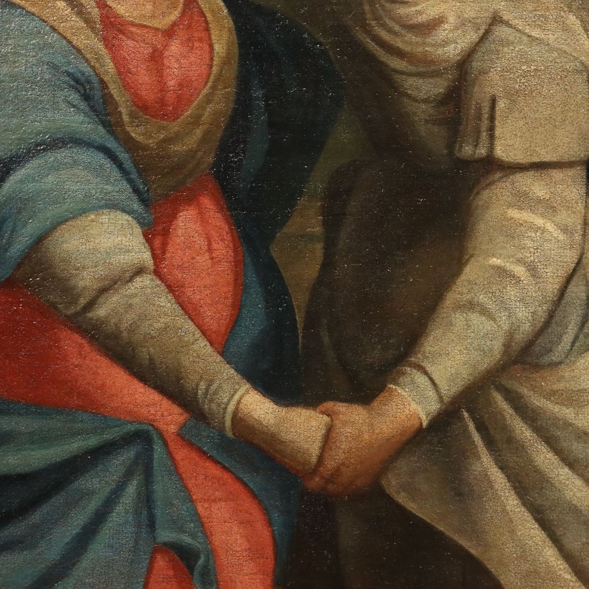Dipinto Antico La Visitazione Olio su Tela Italia XVII-XVIII Secolo-photo-1