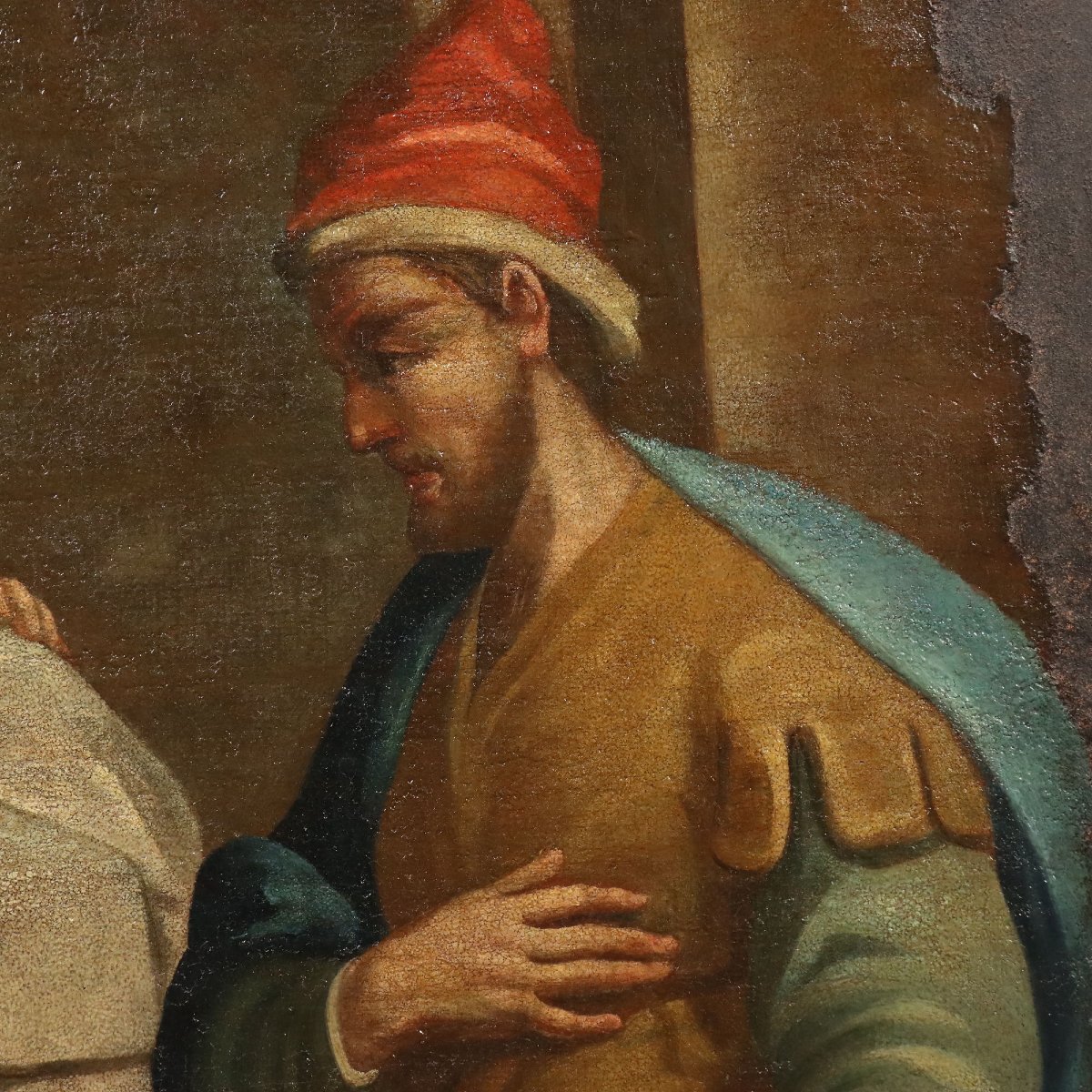Dipinto Antico La Visitazione Olio su Tela Italia XVII-XVIII Secolo-photo-3
