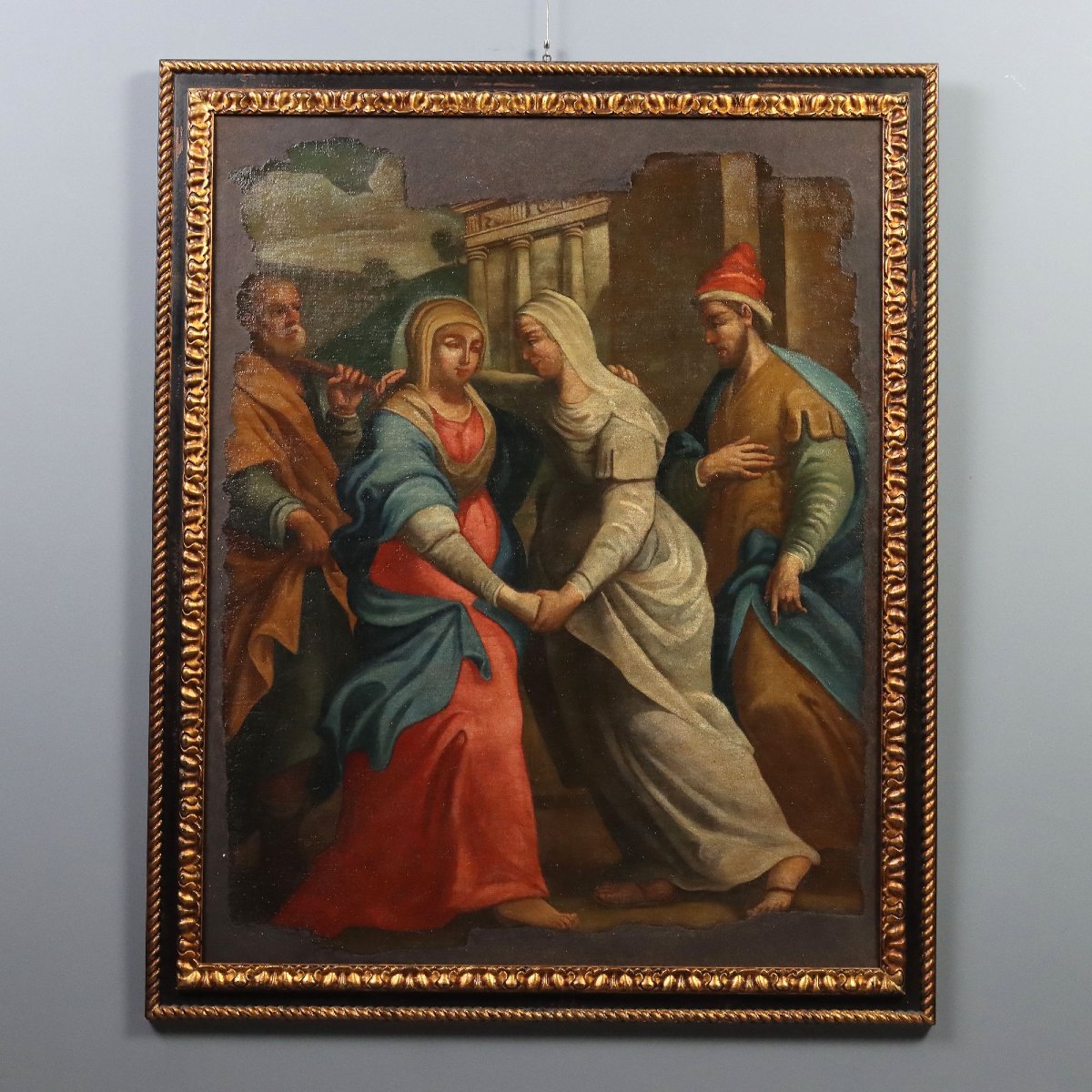 Dipinto Antico La Visitazione Olio su Tela Italia XVII-XVIII Secolo