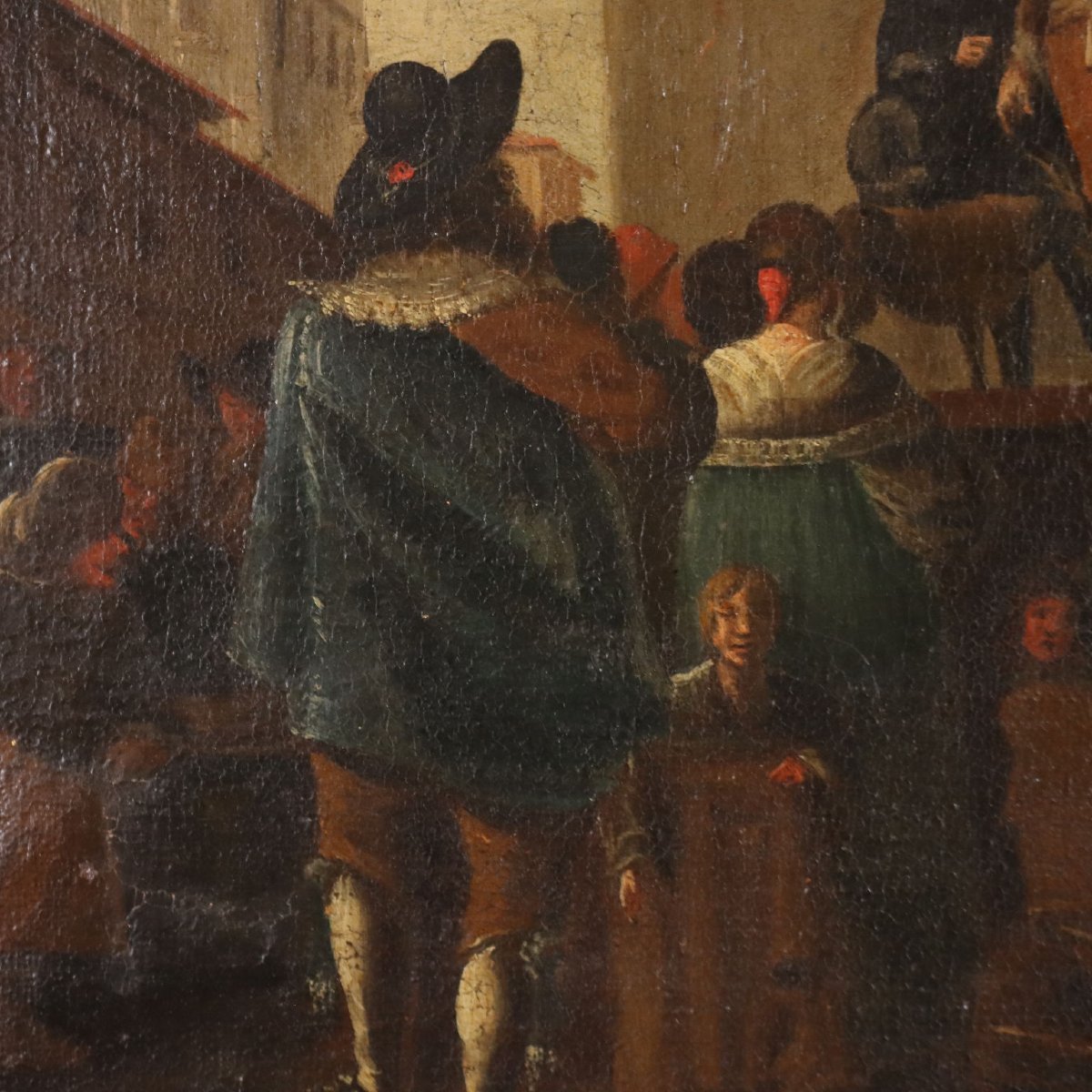 Dipinto Antico Scena di Vita Popolare Olio su Tela Italia XVIII Secolo Originale-photo-1