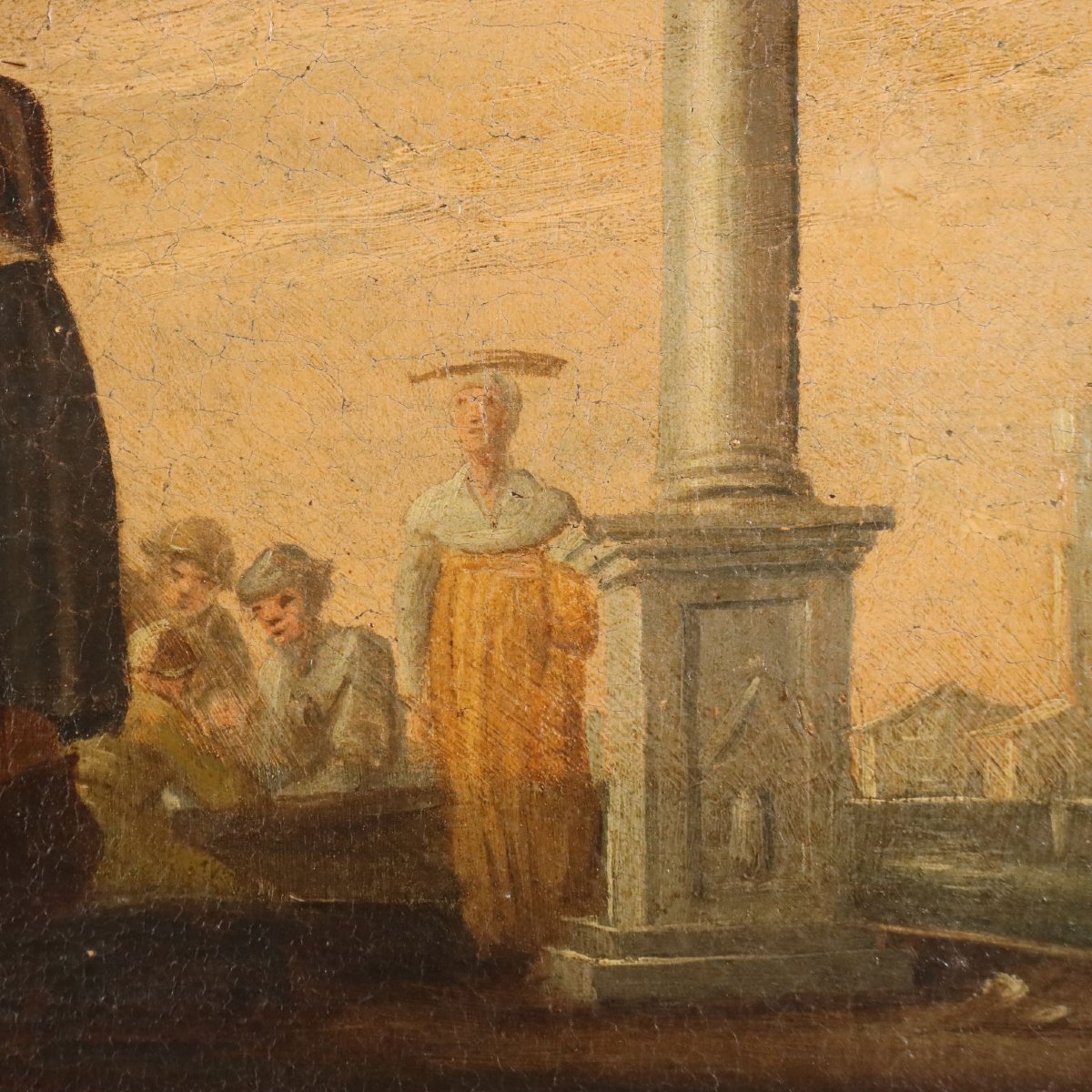 Dipinto Antico Scena di Vita Popolare Olio su Tela Italia XVIII Secolo Originale-photo-3