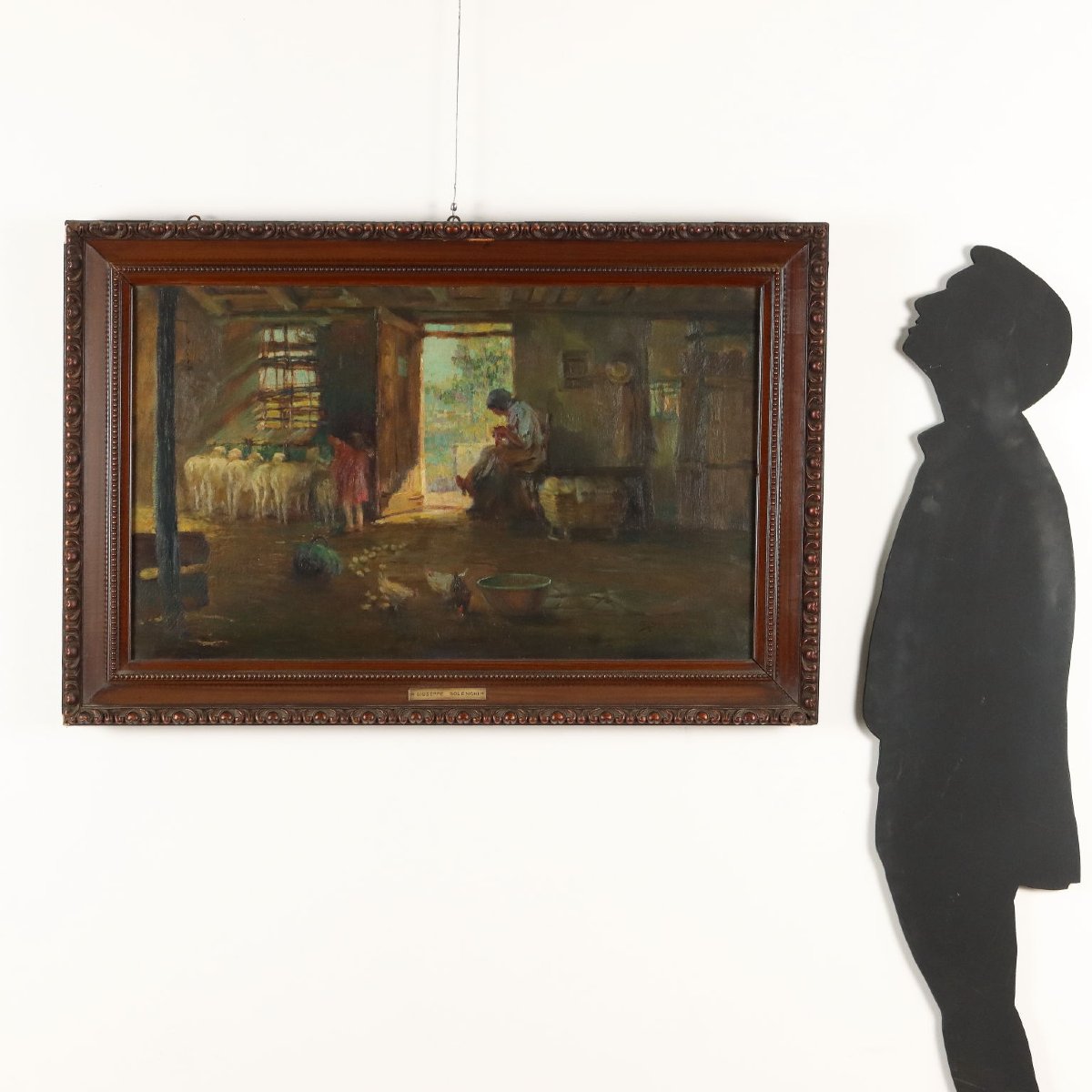 Giuseppe Solenghi Interno con Figure ed Animali Dipinto Antico 1917 Originale-photo-2