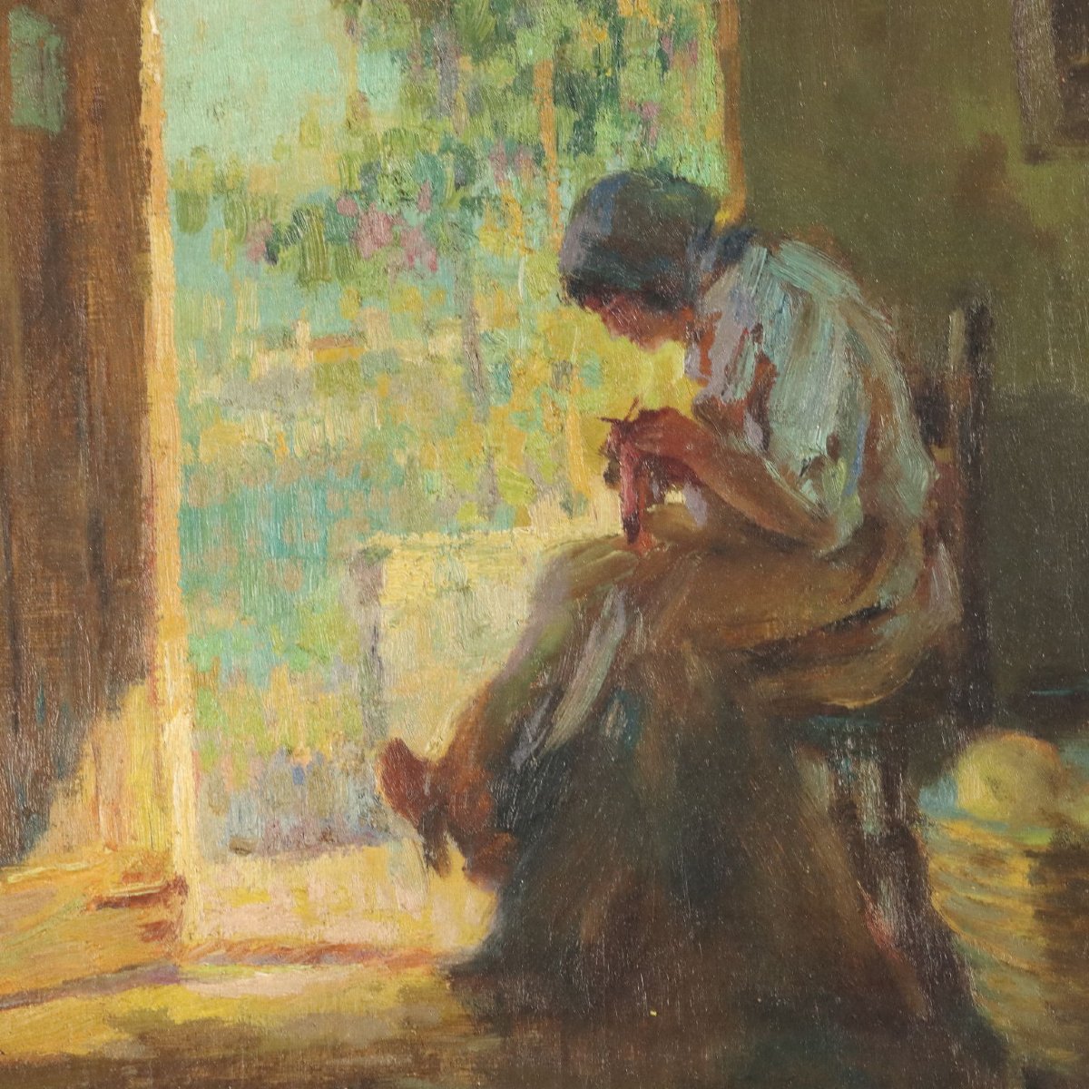 Giuseppe Solenghi Interno con Figure ed Animali Dipinto Antico 1917 Originale-photo-2