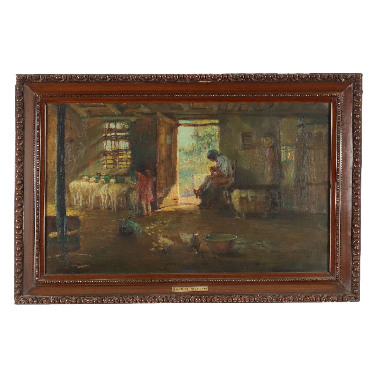 Giuseppe Solenghi Interno con Figure ed Animali Dipinto Antico 1917 Originale