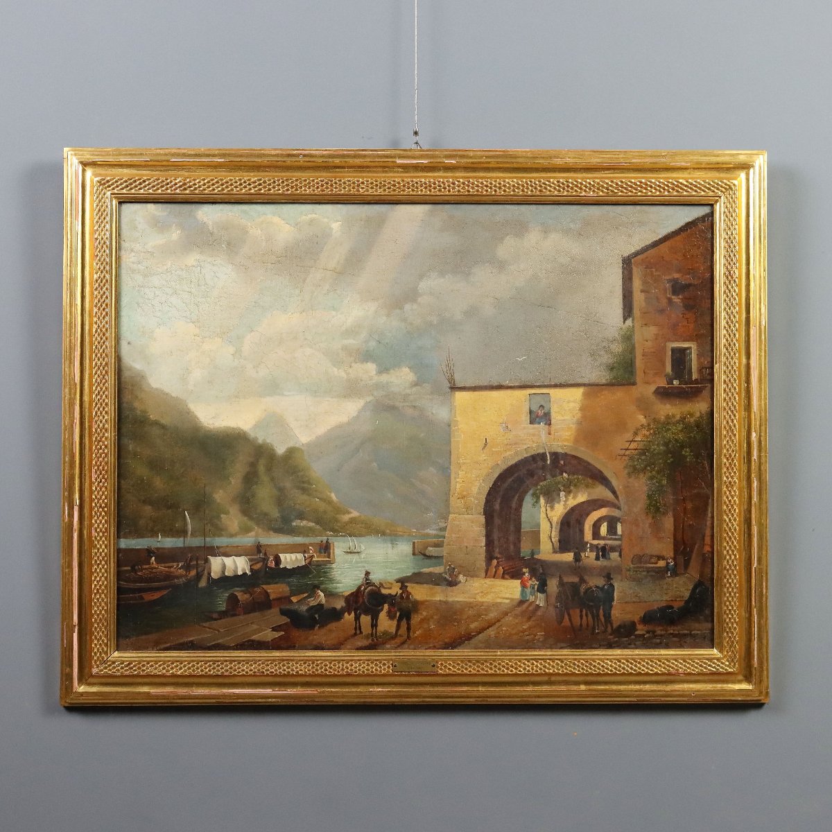 Dipinto Antico Giuseppe Canella Lecco Imbarcadero Italia 1837 -photo-2