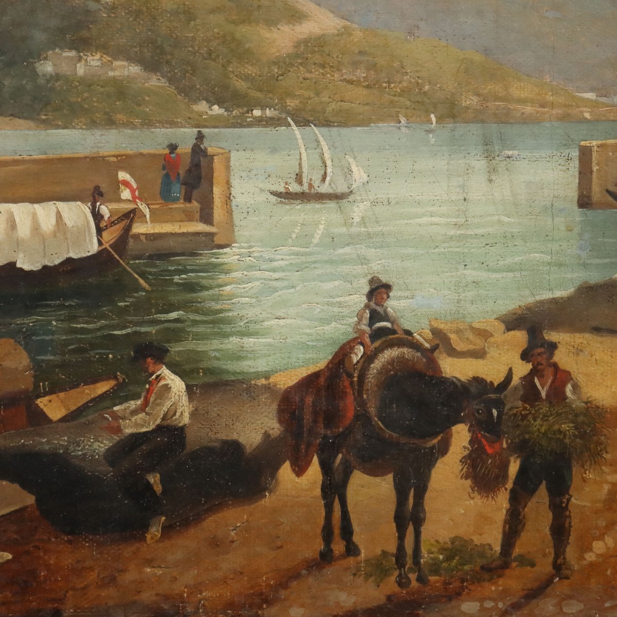 Dipinto Antico Giuseppe Canella Lecco Imbarcadero Italia 1837 -photo-4