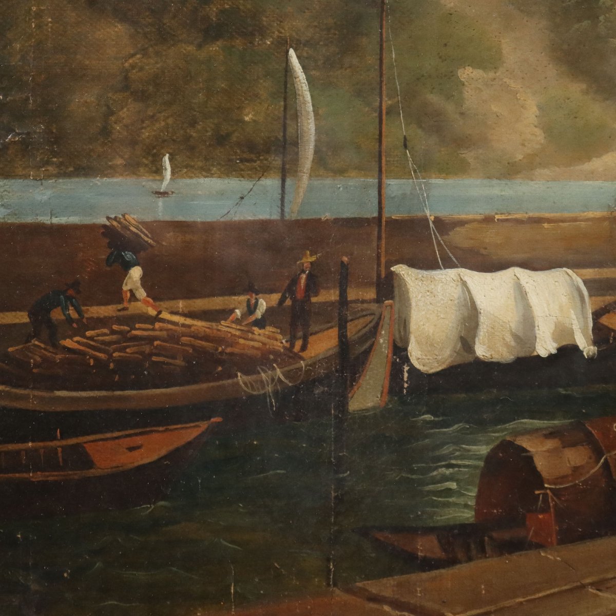 Dipinto Antico Giuseppe Canella Lecco Imbarcadero Italia 1837 -photo-4