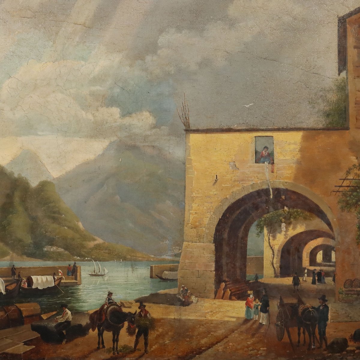 Dipinto Antico Giuseppe Canella Lecco Imbarcadero Italia 1837 -photo-6