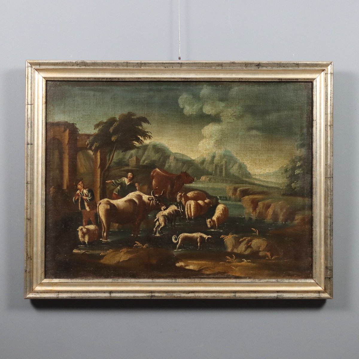 Dipinto Antico Scena Pastorale Olio su Tela Italia XVIII Secolo Originale