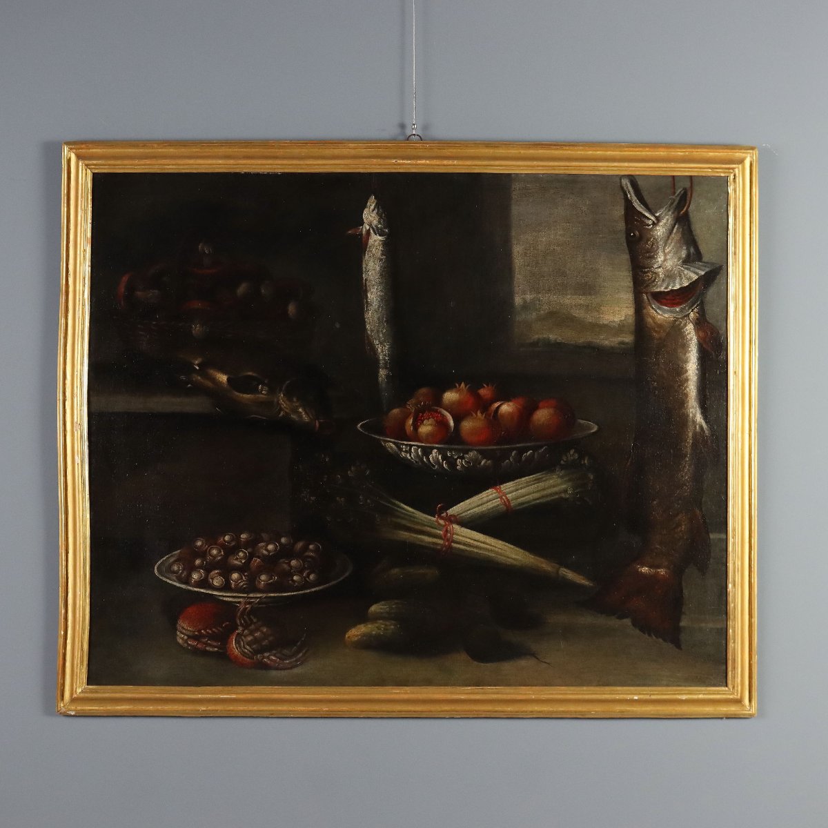 Dipinto Antico Natura Morta con Pesci Lumache Funghi XVII-XVIII Secolo Originale