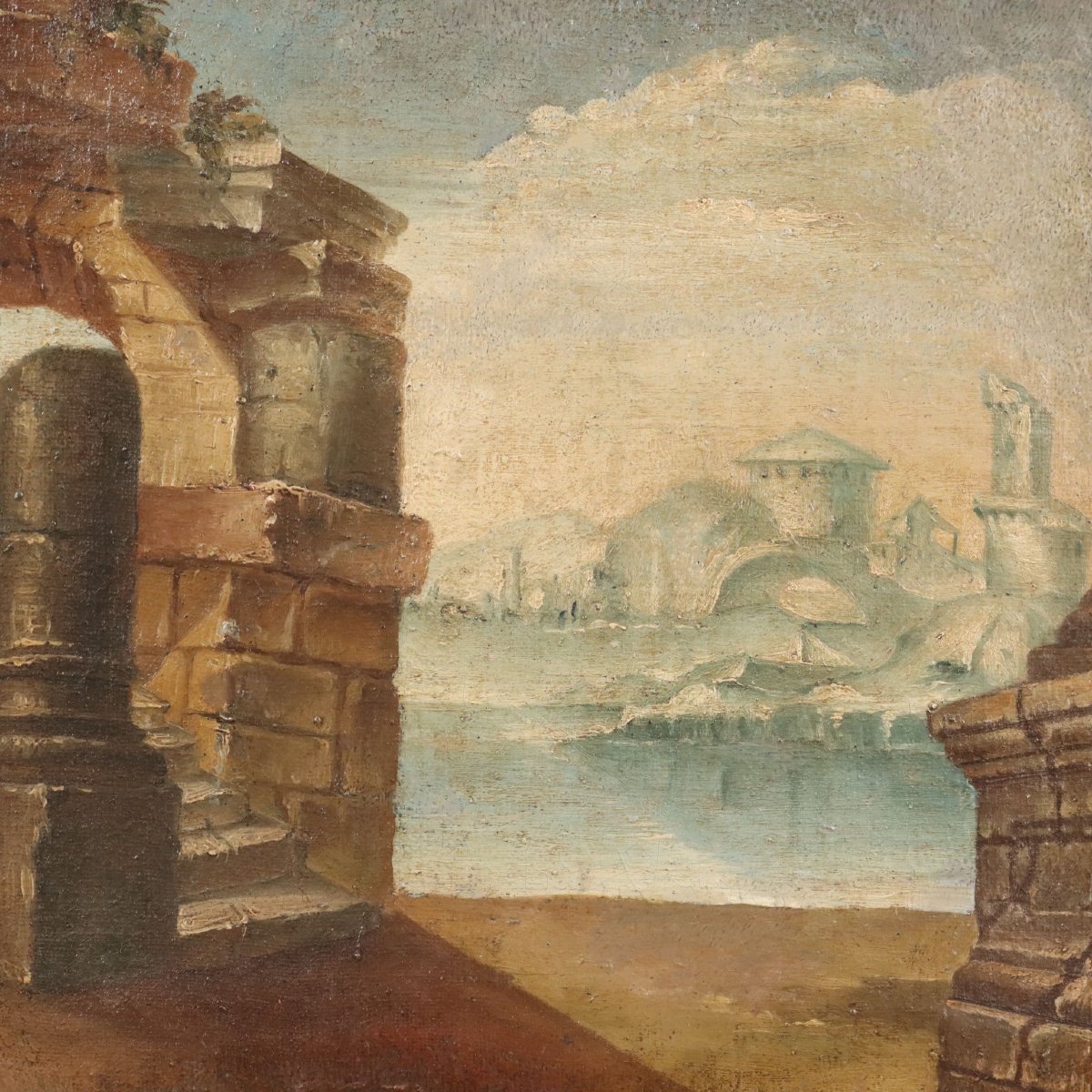 Dipinto Antico Capriccio Architettonico Olio su Tela XVIII-XIX Secolo-photo-3