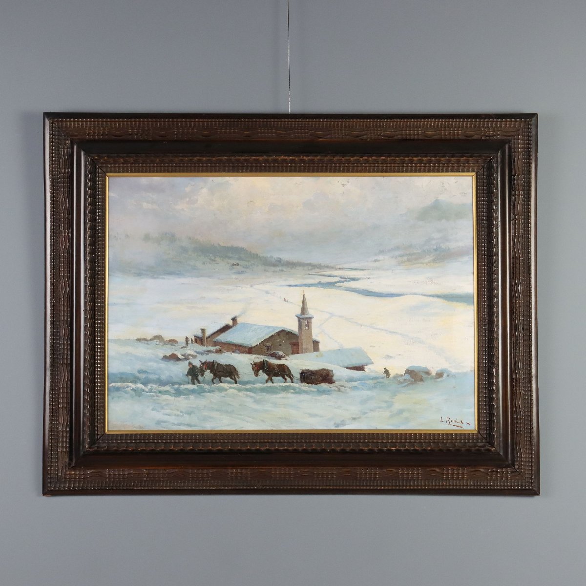 Dipinto Antico Leonardo Roda Paesaggio Alpino Innevato XIX Secolo