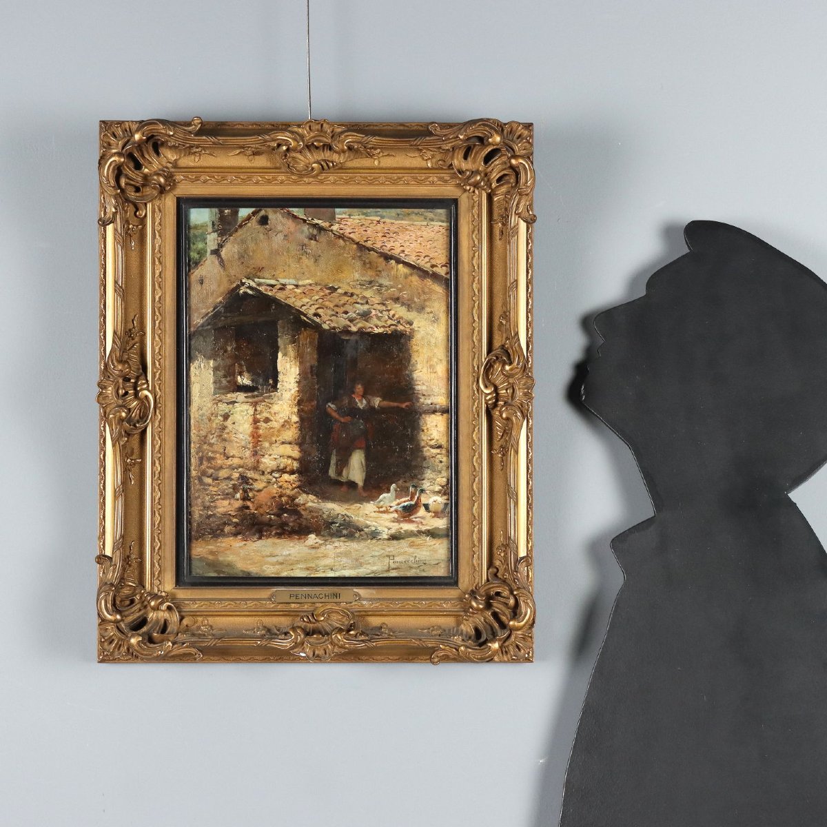 Dipinto Antico Domenico Pennacchini Casolare con Popolana '800 Originale-photo-2