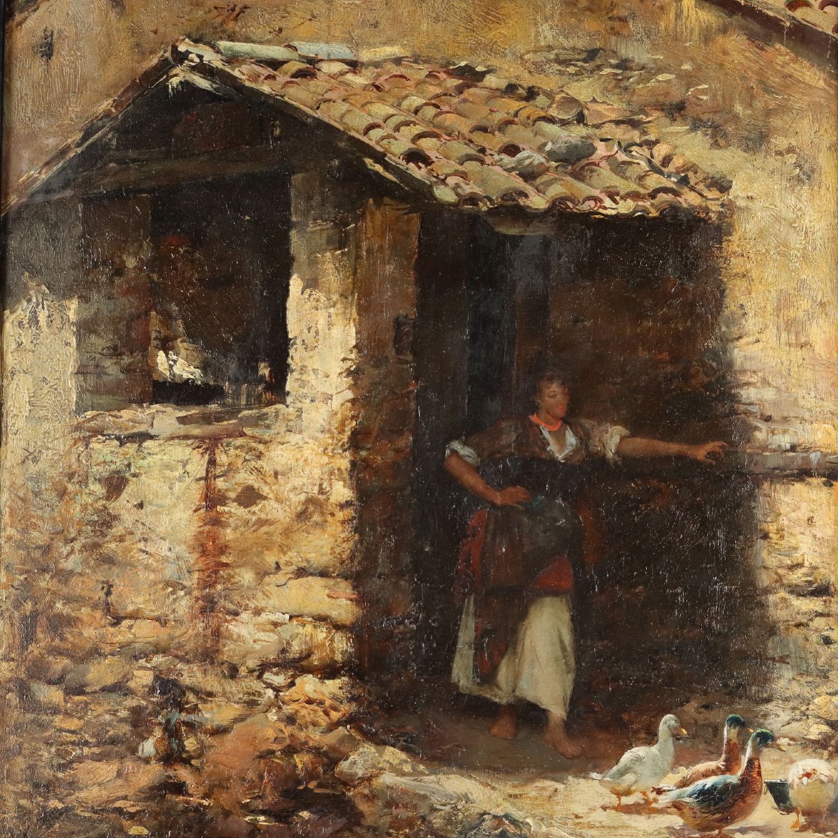 Dipinto Antico Domenico Pennacchini Casolare con Popolana '800 Originale-photo-7