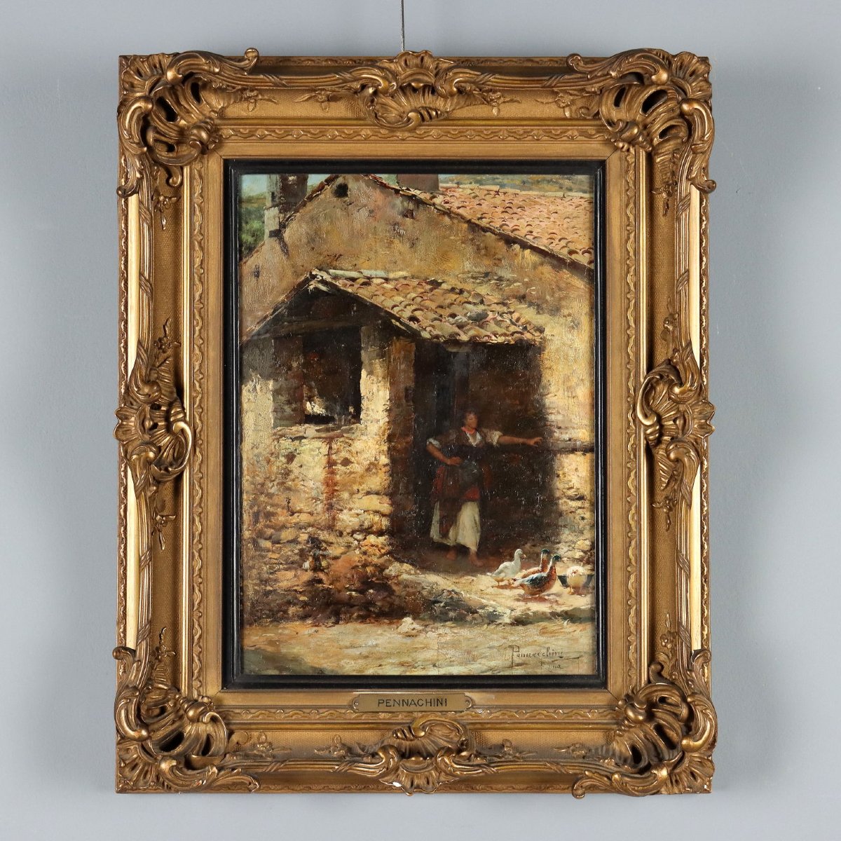 Dipinto Antico Domenico Pennacchini Casolare con Popolana '800 Originale