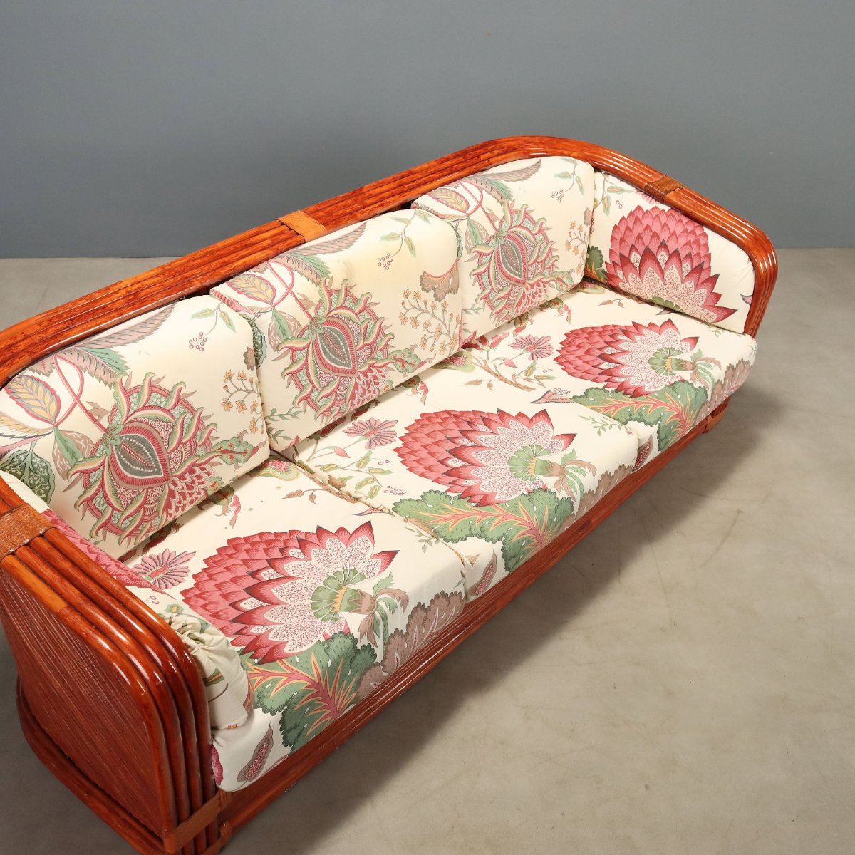 Divano Vintage Rattan Bambù Laccato Rosso Design Italia Anni 80 Originale-photo-4