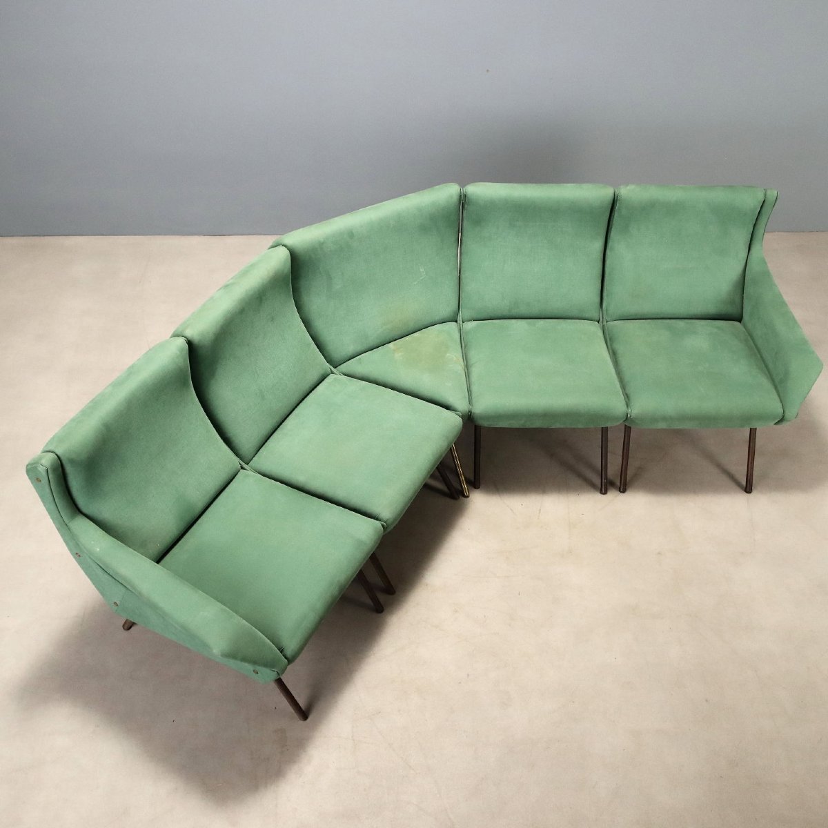 Divano Vintage Angolare 4 Poltrone Tessuto Verde Italia Design Anni 60 Originale-photo-3