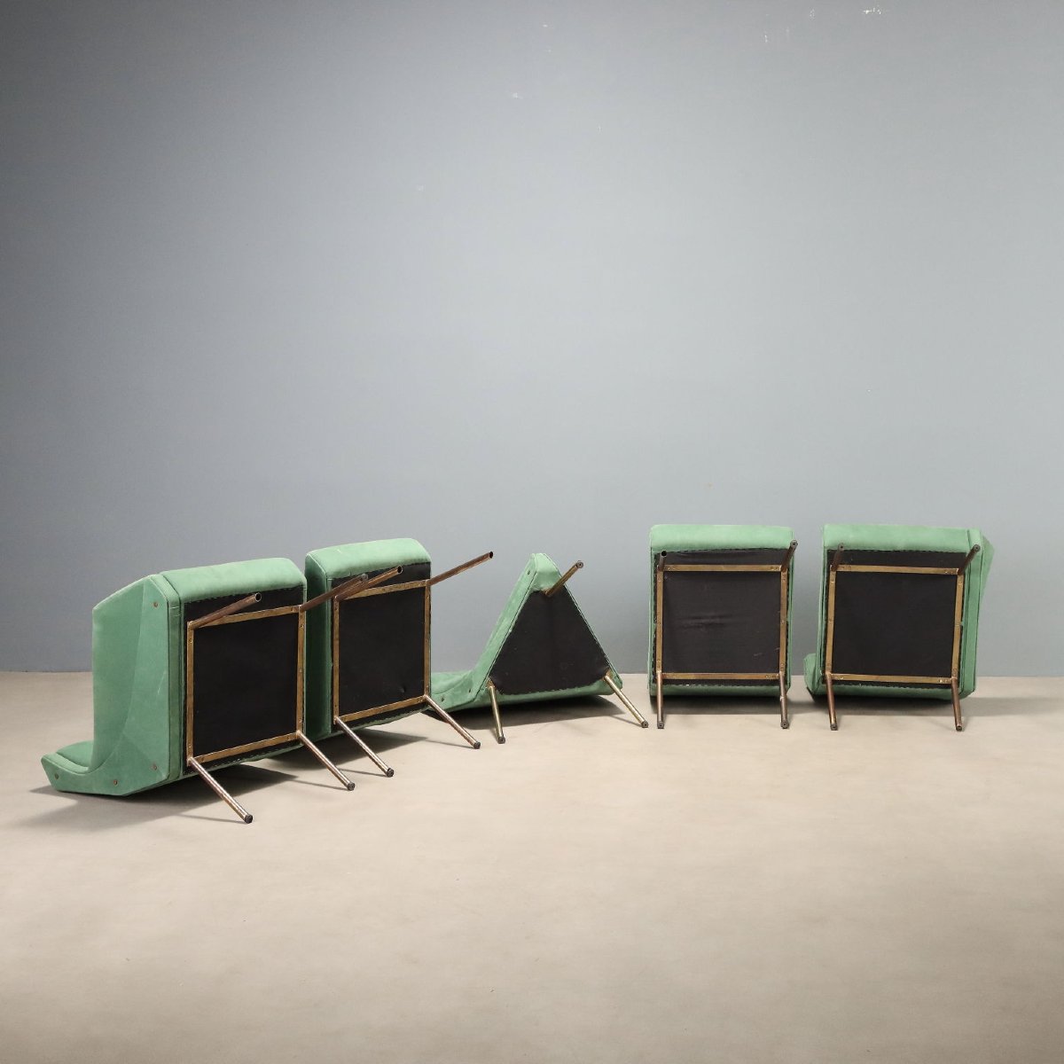 Divano Vintage Angolare 4 Poltrone Tessuto Verde Italia Design Anni 60 Originale-photo-6