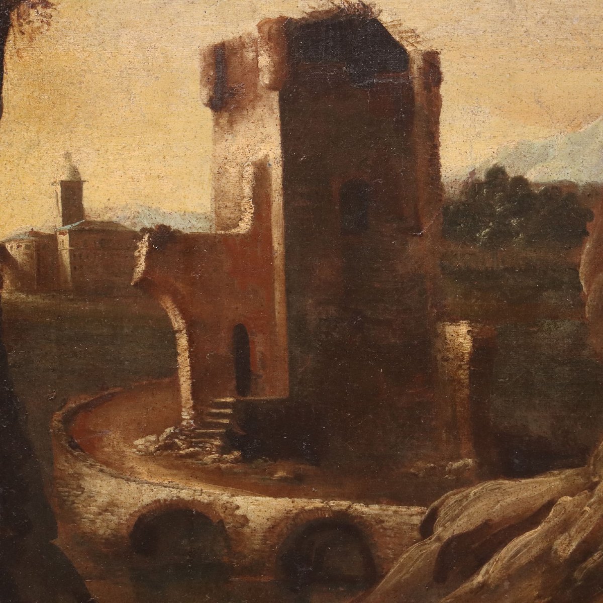 Dipinto Antico Paesaggio con Santo Eremita Olio su Tela '700-'800 Originale-photo-4
