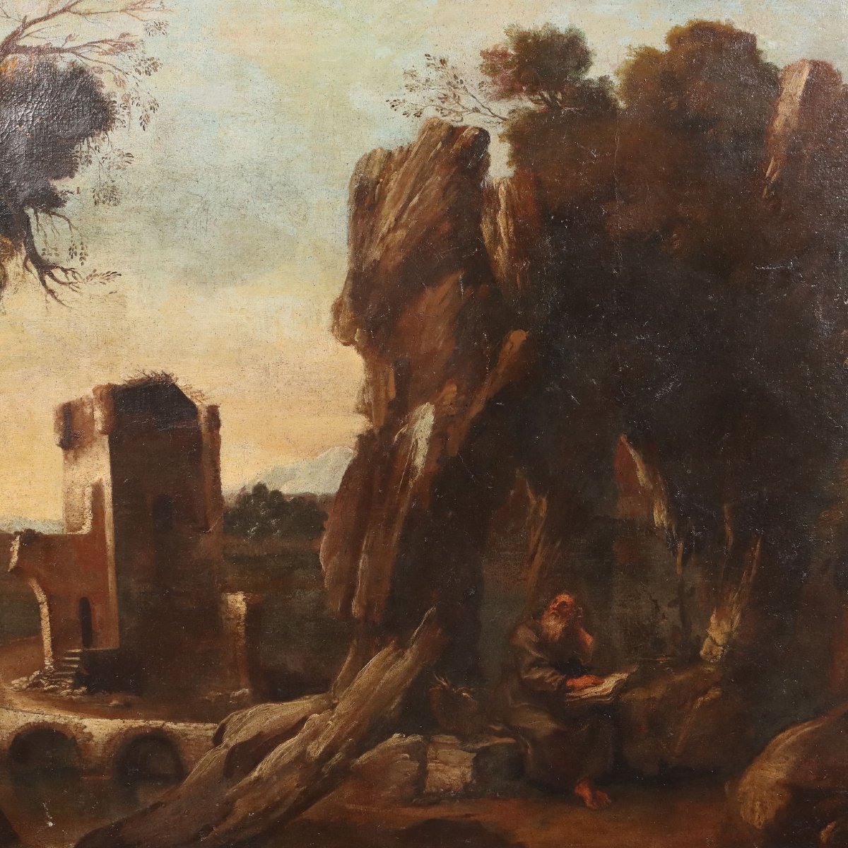 Dipinto Antico Paesaggio con Santo Eremita Olio su Tela '700-'800 Originale-photo-1