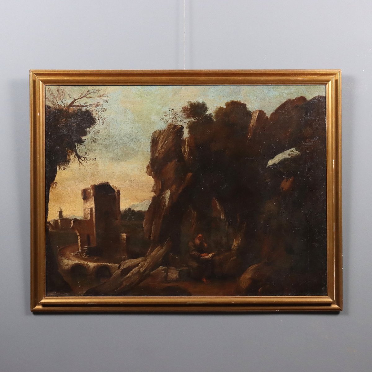 Dipinto Antico Paesaggio con Santo Eremita Olio su Tela '700-'800 Originale