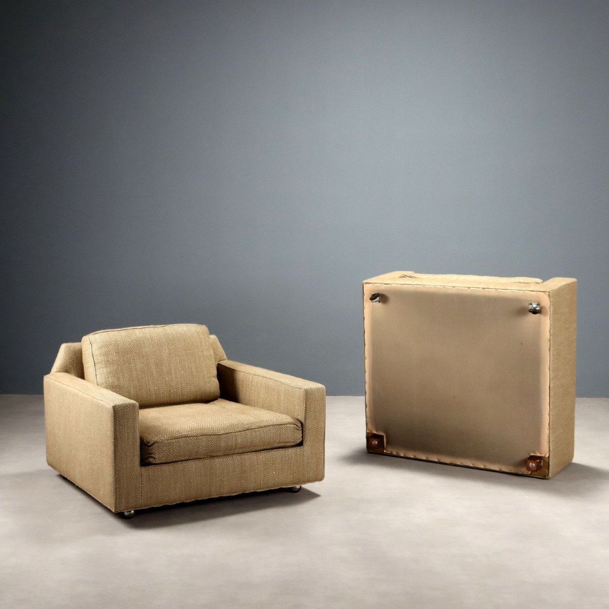 Coppia di Poltrone Vintage Legno Tessuto Beige Design Italia Anni 60 Originali-photo-3
