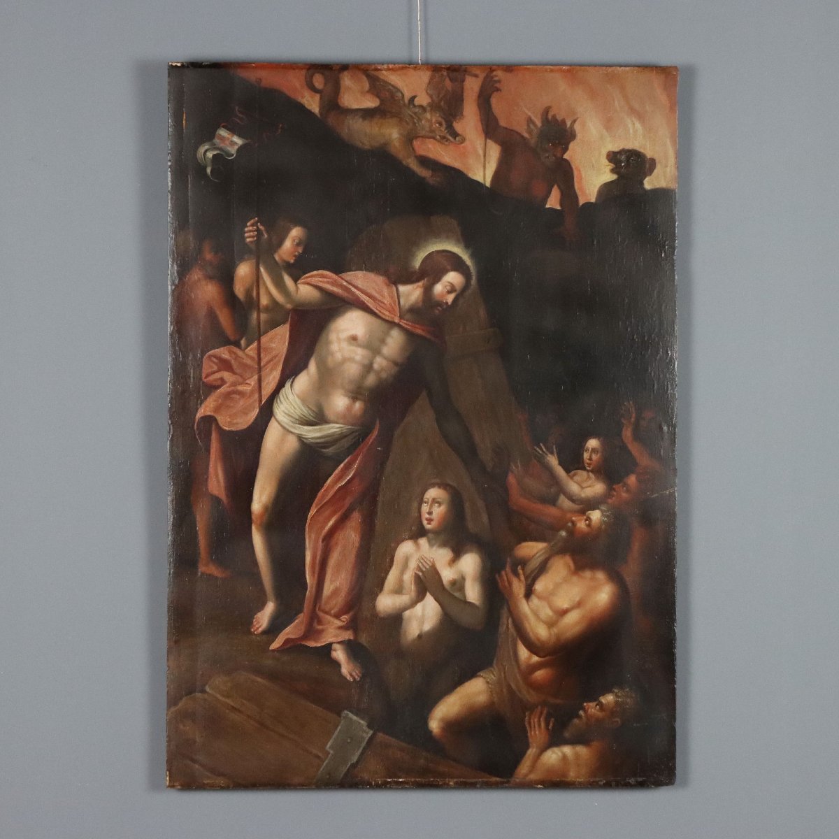 Dipinto Antico Cristo in Purgatorio Olio su Tavola Italia '500-'600 Originale