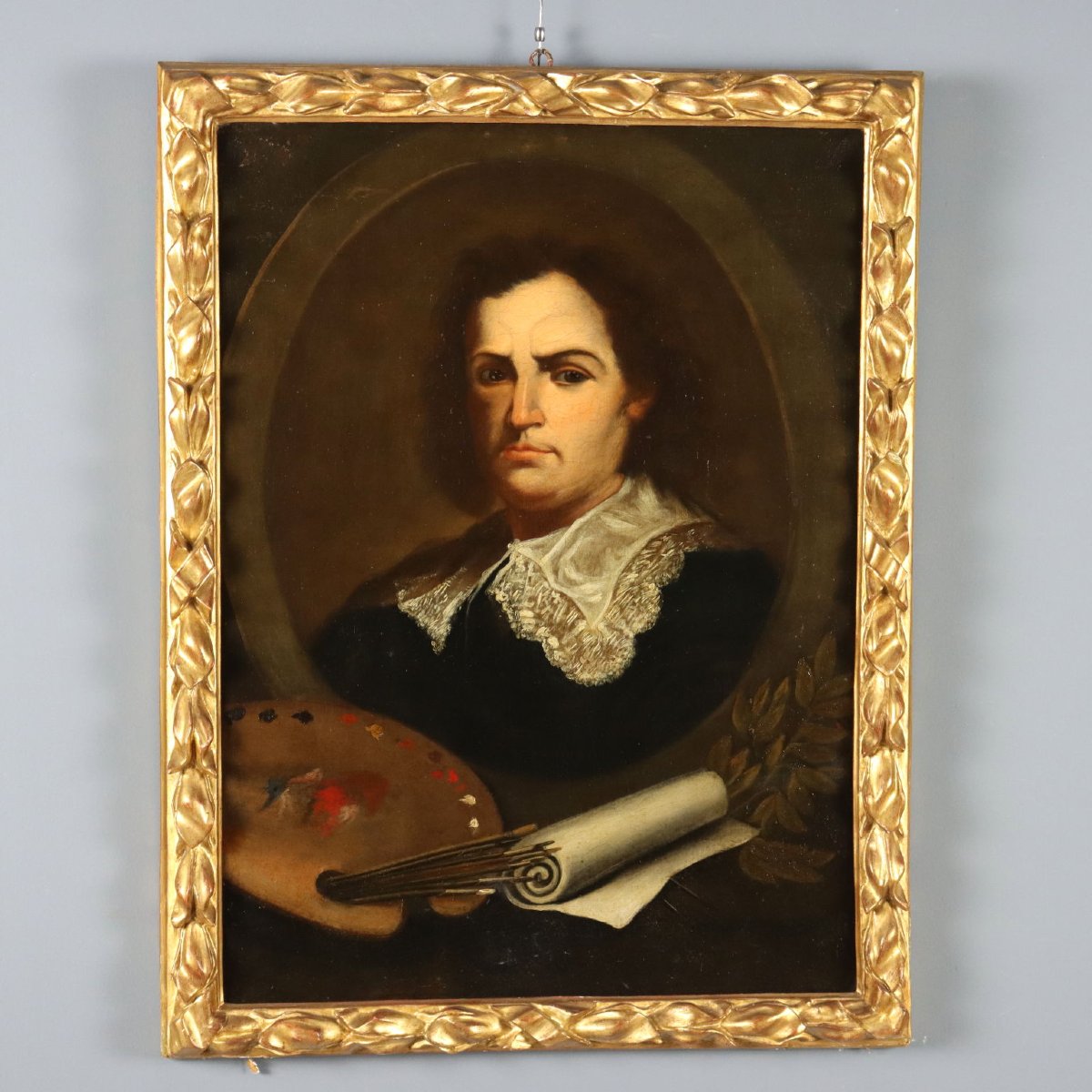 Dipinto Antico Ritratto di Pittore Olio su Tela Italia XVIII Secolo Originale