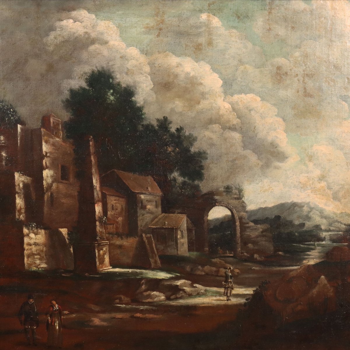 Dipinto Antico Paesaggio Edifici e Figure Olio su Tela XVIII Secolo Originale-photo-3