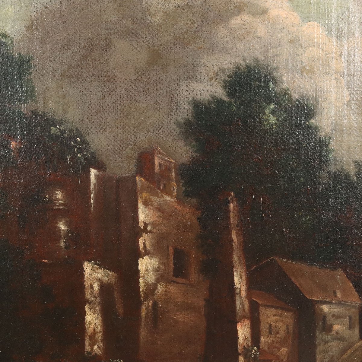 Dipinto Antico Paesaggio Edifici e Figure Olio su Tela XVIII Secolo Originale-photo-4