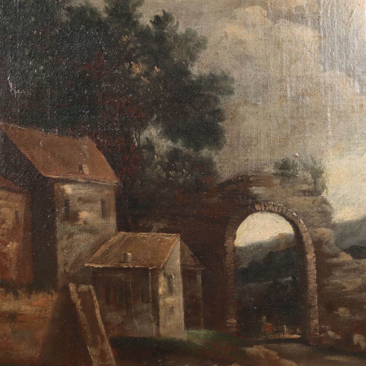 Dipinto Antico Paesaggio Edifici e Figure Olio su Tela XVIII Secolo Originale-photo-1