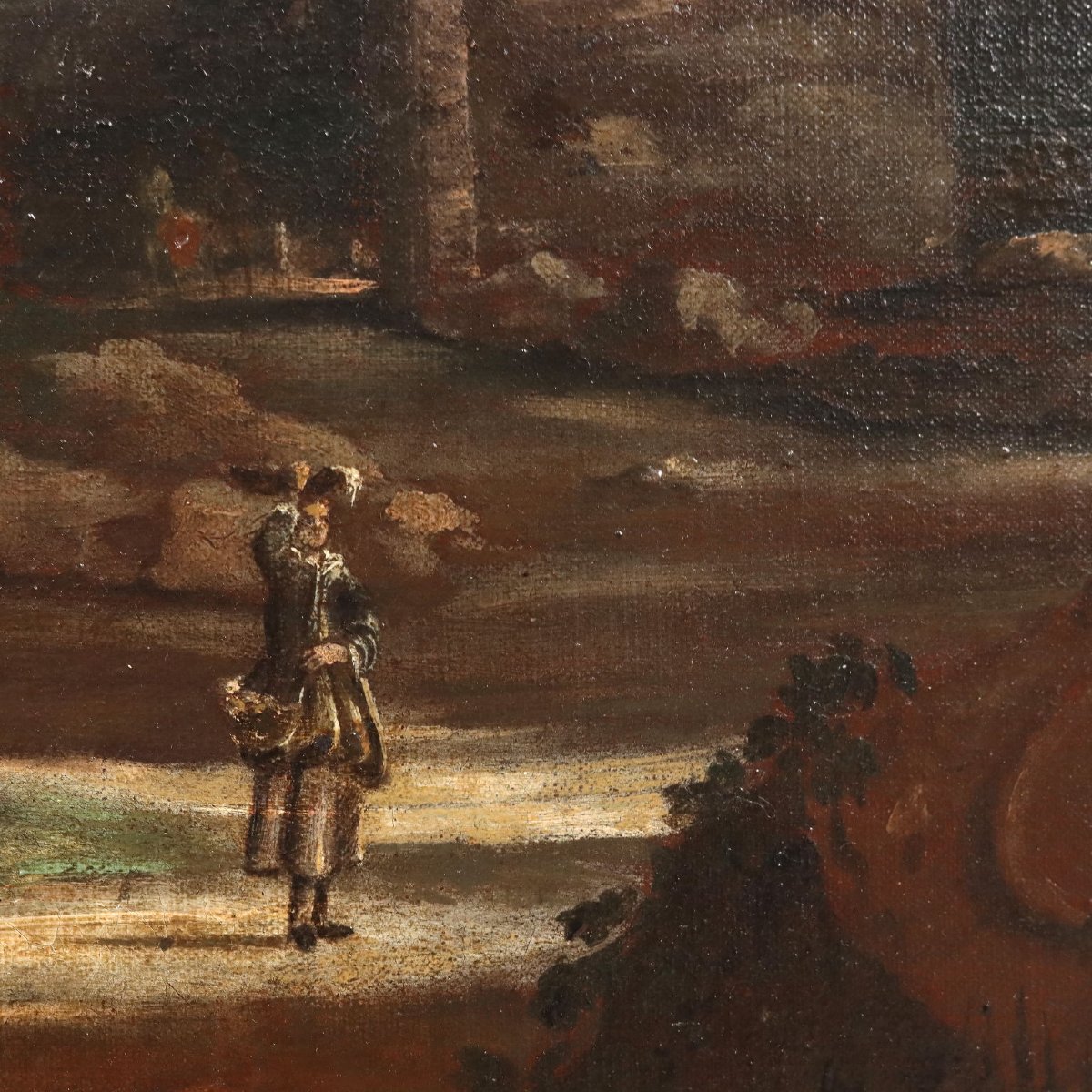 Dipinto Antico Paesaggio Edifici e Figure Olio su Tela XVIII Secolo Originale-photo-2