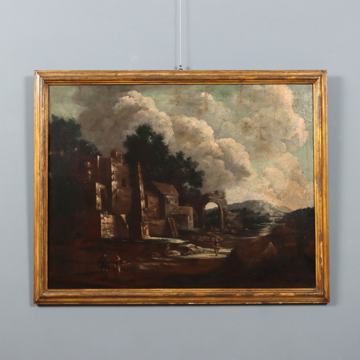 Dipinto Antico Paesaggio Edifici e Figure Olio su Tela XVIII Secolo Originale