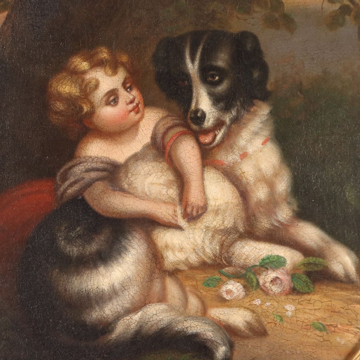 Dipinto Antico Bambina con Cane Olio su Tela Italia XIX Secolo Originale-photo-3
