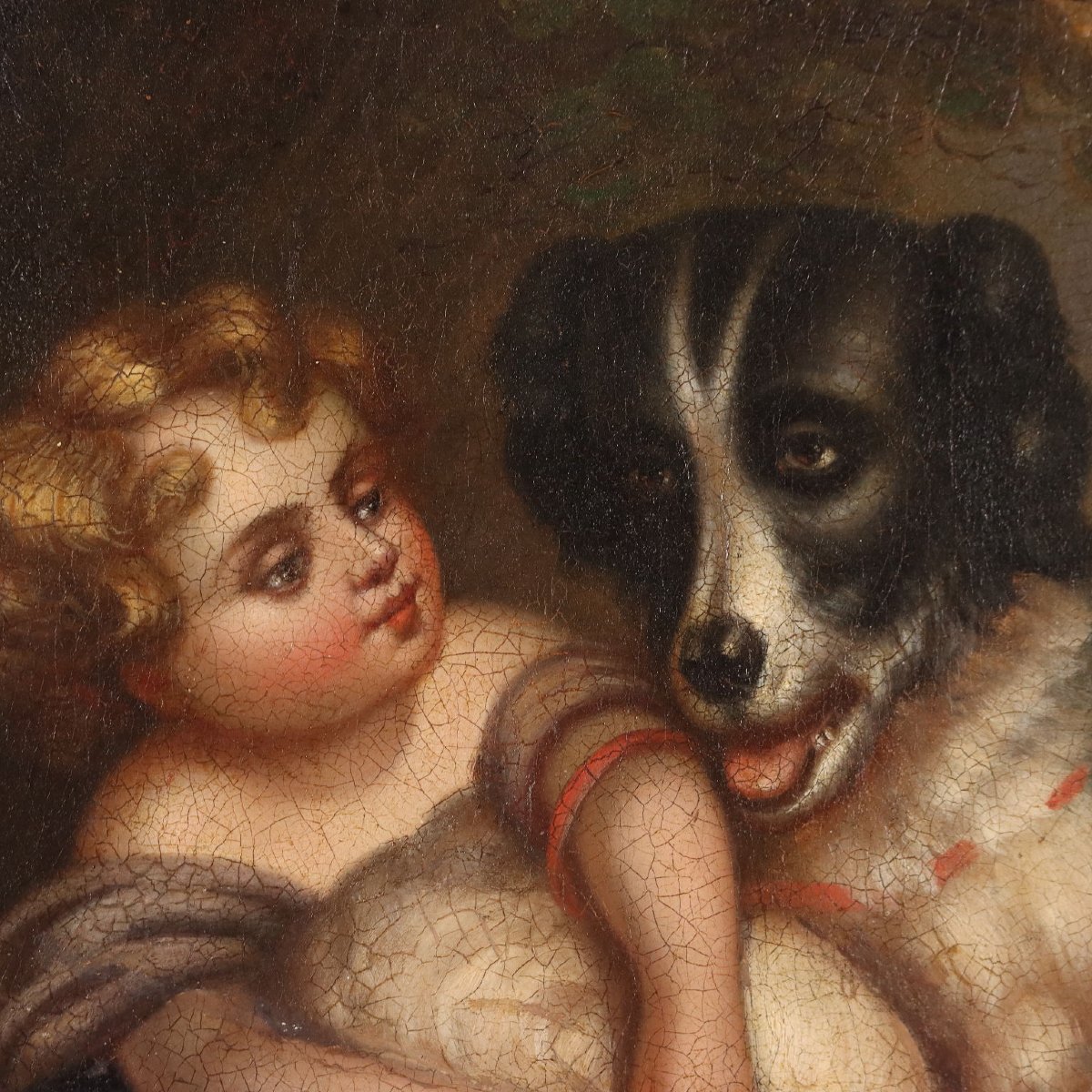 Dipinto Antico Bambina con Cane Olio su Tela Italia XIX Secolo Originale-photo-4