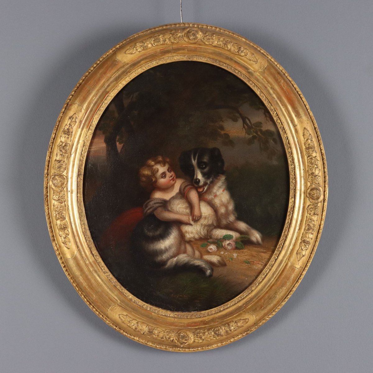 Dipinto Antico Bambina con Cane Olio su Tela Italia XIX Secolo Originale